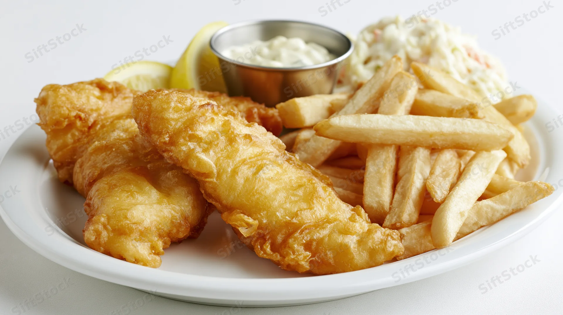 Two golden battered fish fillets served on a white oval plate with fries, tartar sauce, lemon wedges and coleslaw