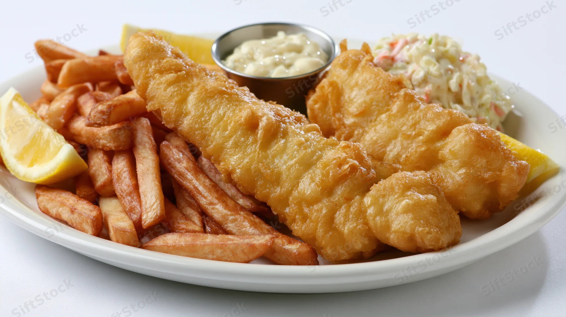 Two golden battered fish fillets served on a white oval plate with fries, lemon wedges, tartar sauce and coleslaw