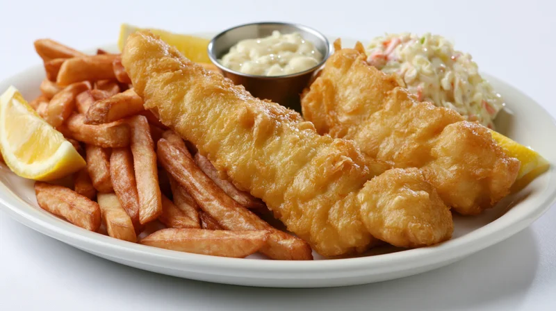 Two golden battered fish fillets served on a white oval plate with fries, lemon wedges, tartar sauce and coleslaw