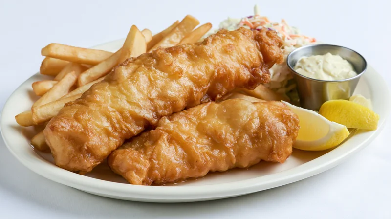 Two golden battered fish fillets served on a white oval plate with fries, coleslaw, tartar sauce and lemon wedges