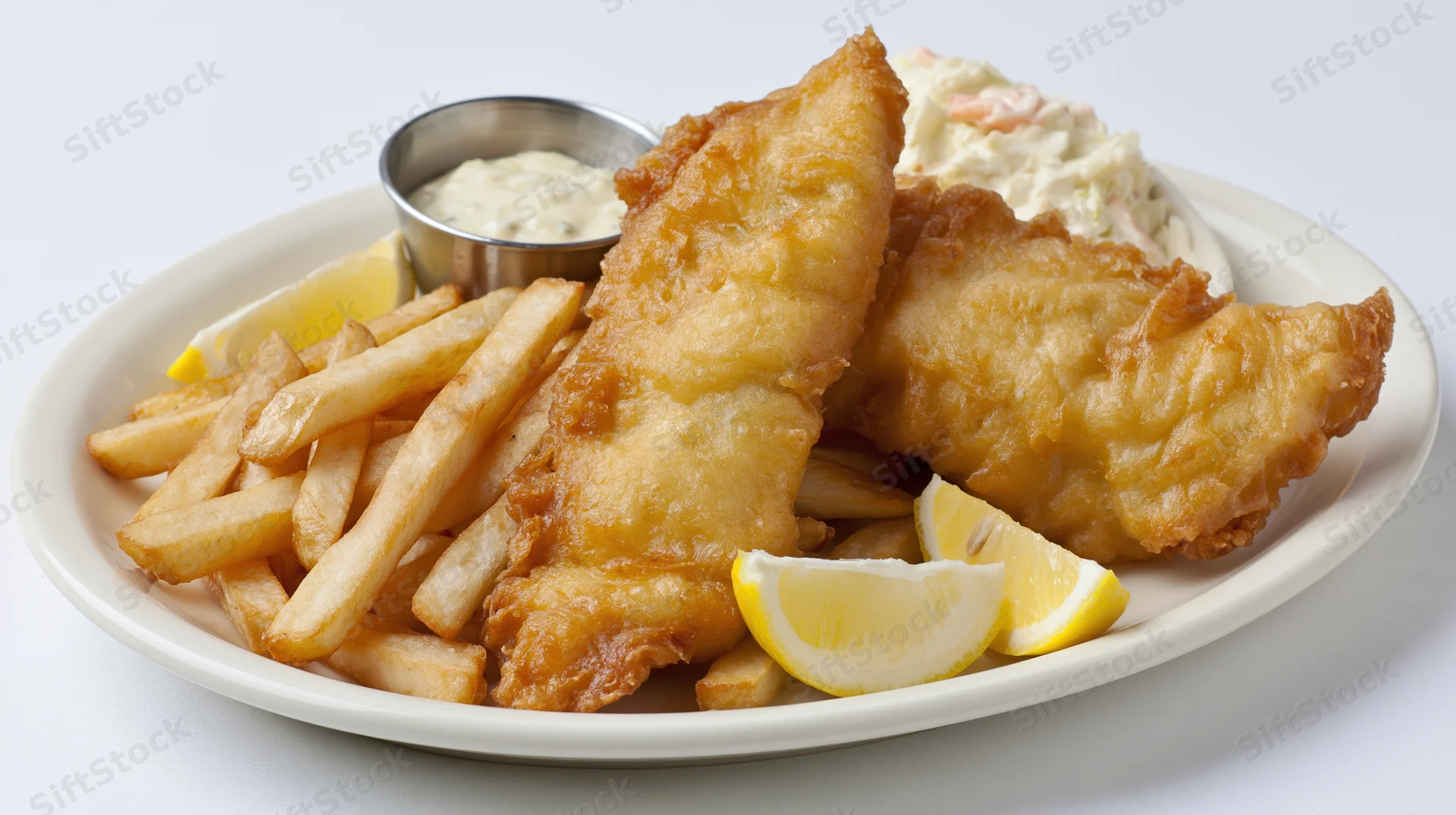 Two golden battered fish fillets served on a white oval plate with fries, lemon wedges, tartar sauce and coleslaw