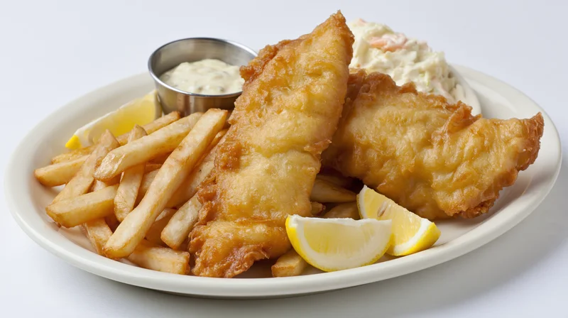 Two golden battered fish fillets served on a white oval plate with fries, lemon wedges, tartar sauce and coleslaw