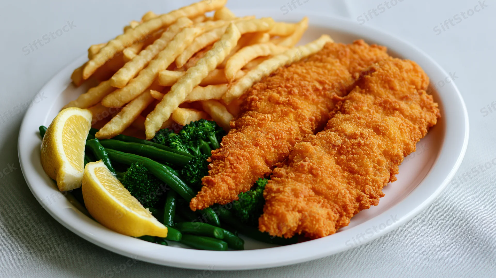 Two golden fried fish fillets served with french fries and vegetables on a white plate