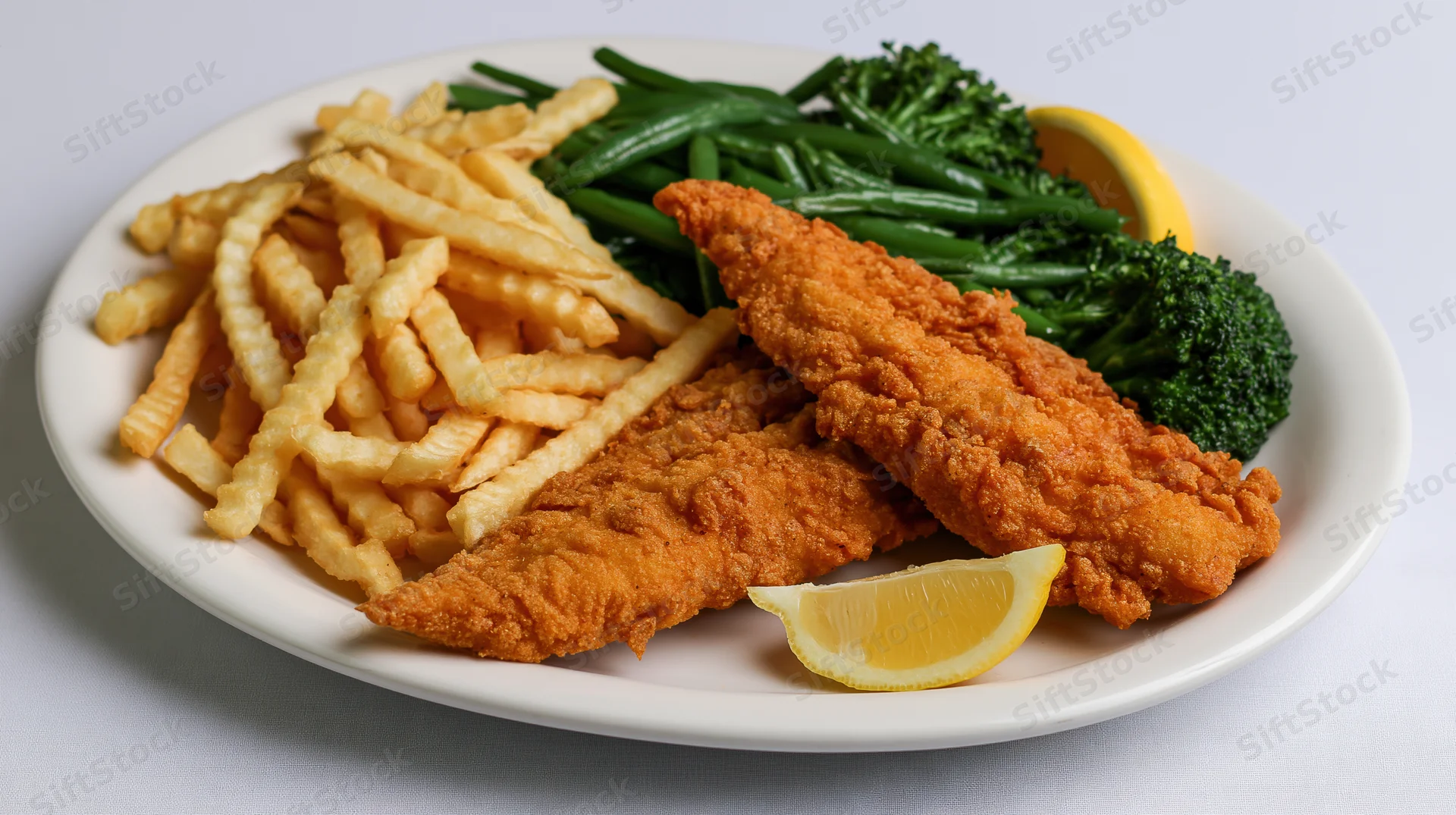 Two golden fried fish fillets on a white plate with crinkle-cut fries and steamed vegetables