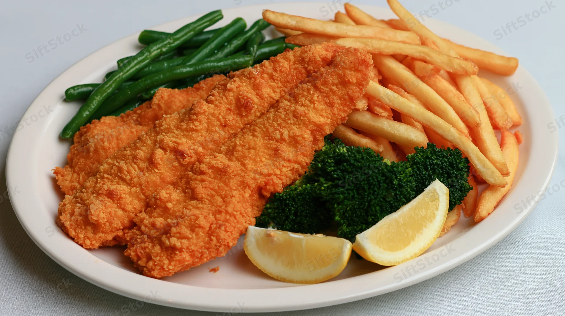 Two golden fried fish fillets served on a white plate with french fries, green beans, broccoli, and lemon slices