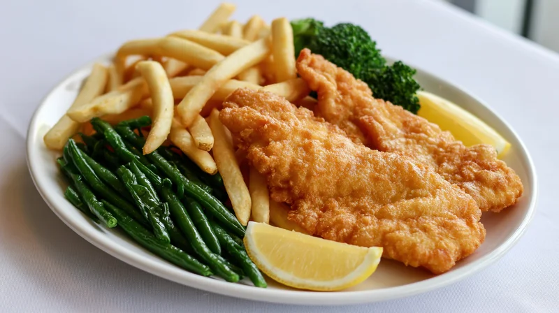 Two golden fried fish fillets served on a white plate with french fries, green beans, broccoli, and lemon wedges
