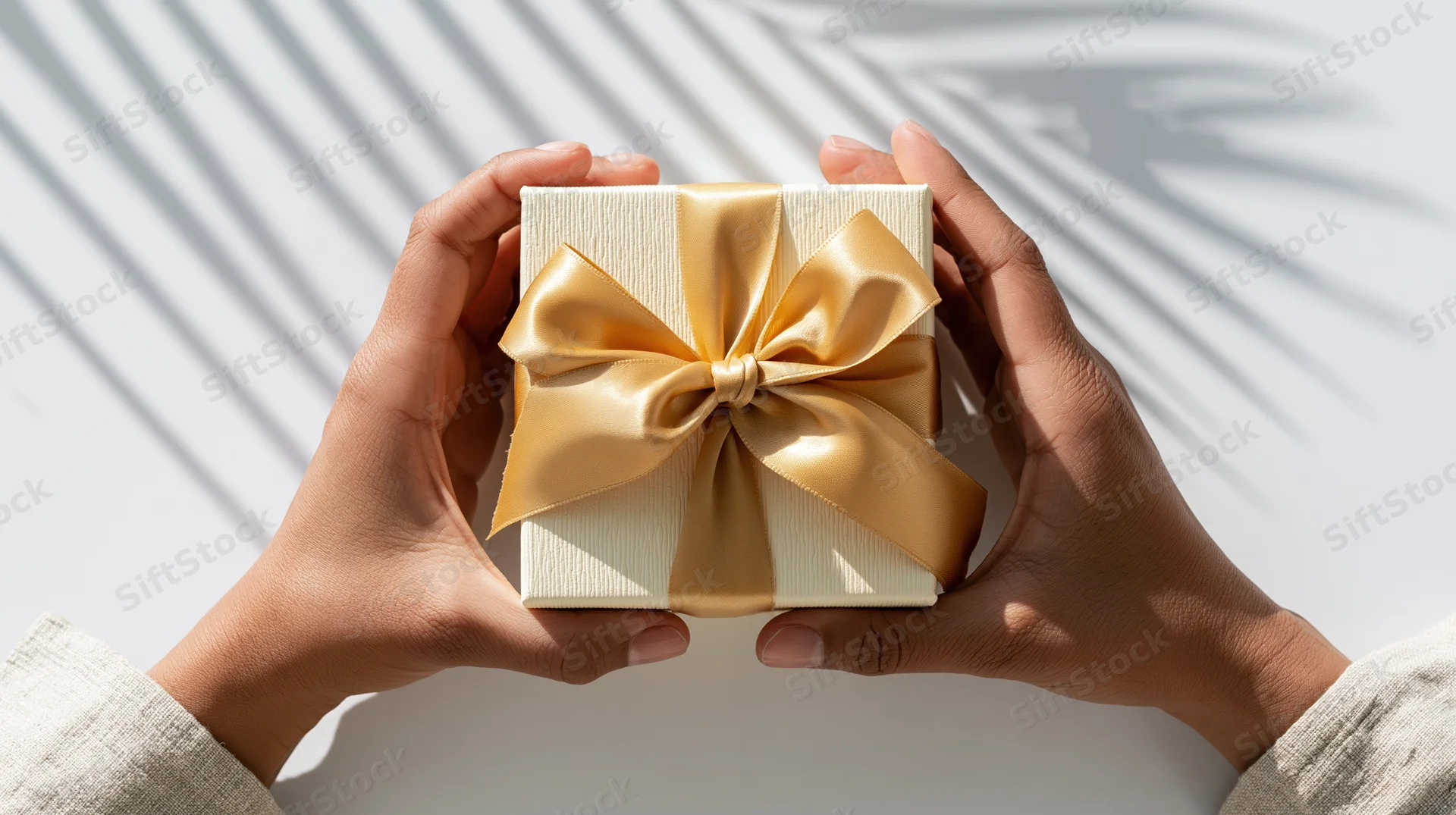 Hands holding a cream gift box with gold ribbon bow against white background with leaf shadows