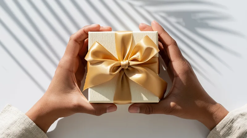 Hands holding a cream gift box with gold ribbon bow against white background with leaf shadows