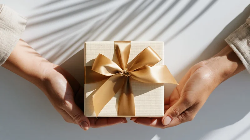 Hands holding a cream gift box with gold ribbon against a white surface with leaf shadows