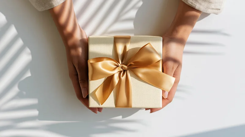 Hands holding a cream gift box with gold ribbon on a white surface with leaf shadows