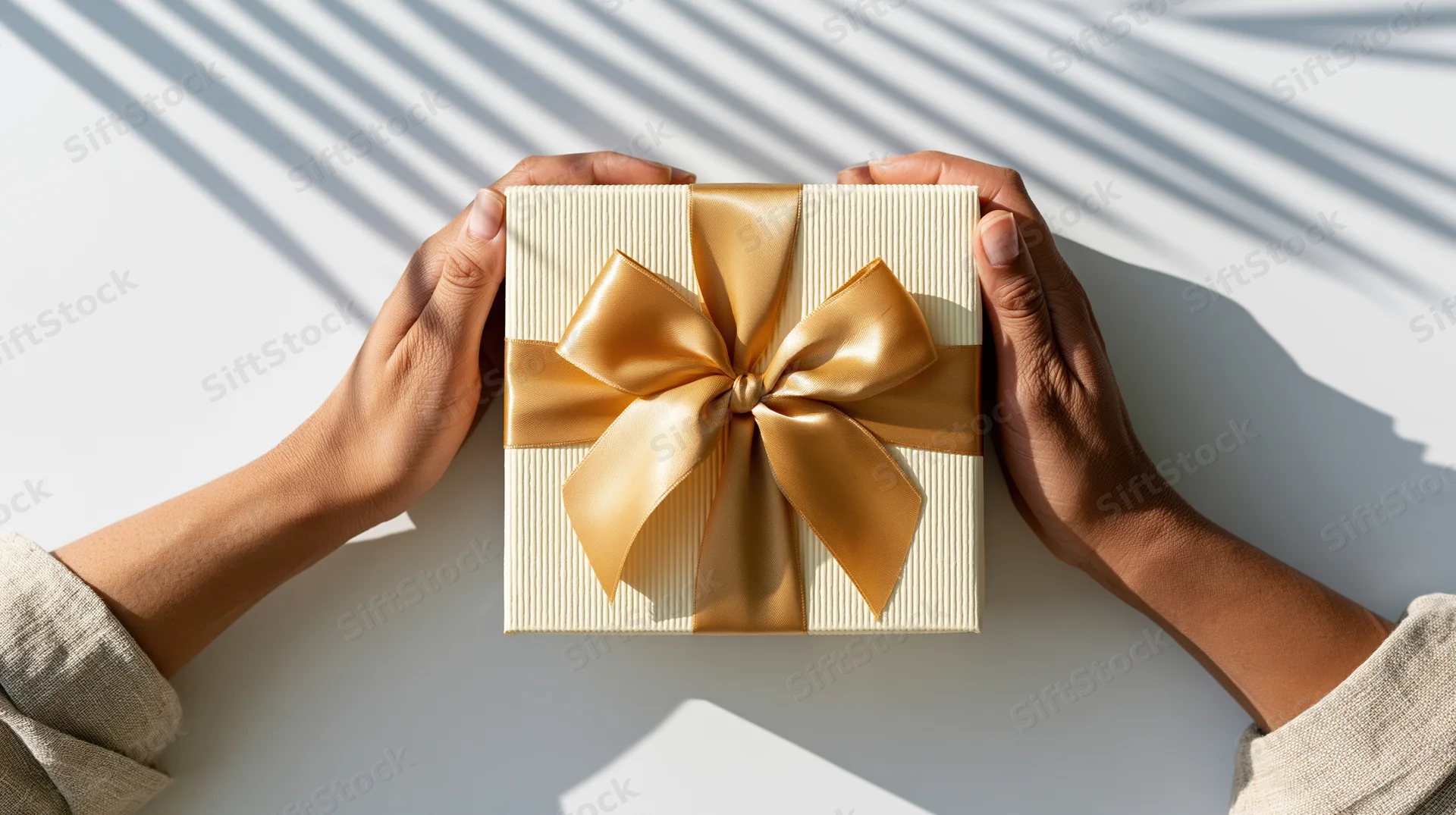 Hands holding a cream gift box with gold ribbon on a white surface with striped shadows