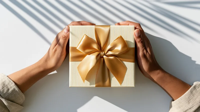 Hands holding a cream gift box with gold ribbon on a white surface with striped shadows