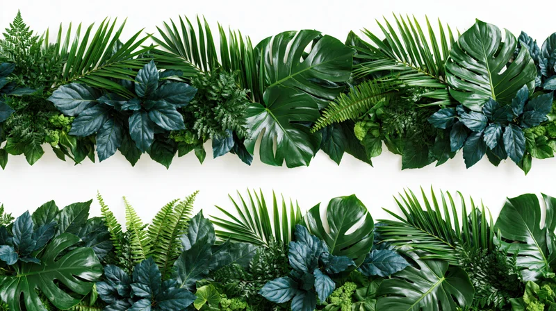 Two horizontal bands of dense tropical foliage arranged as a border on white background