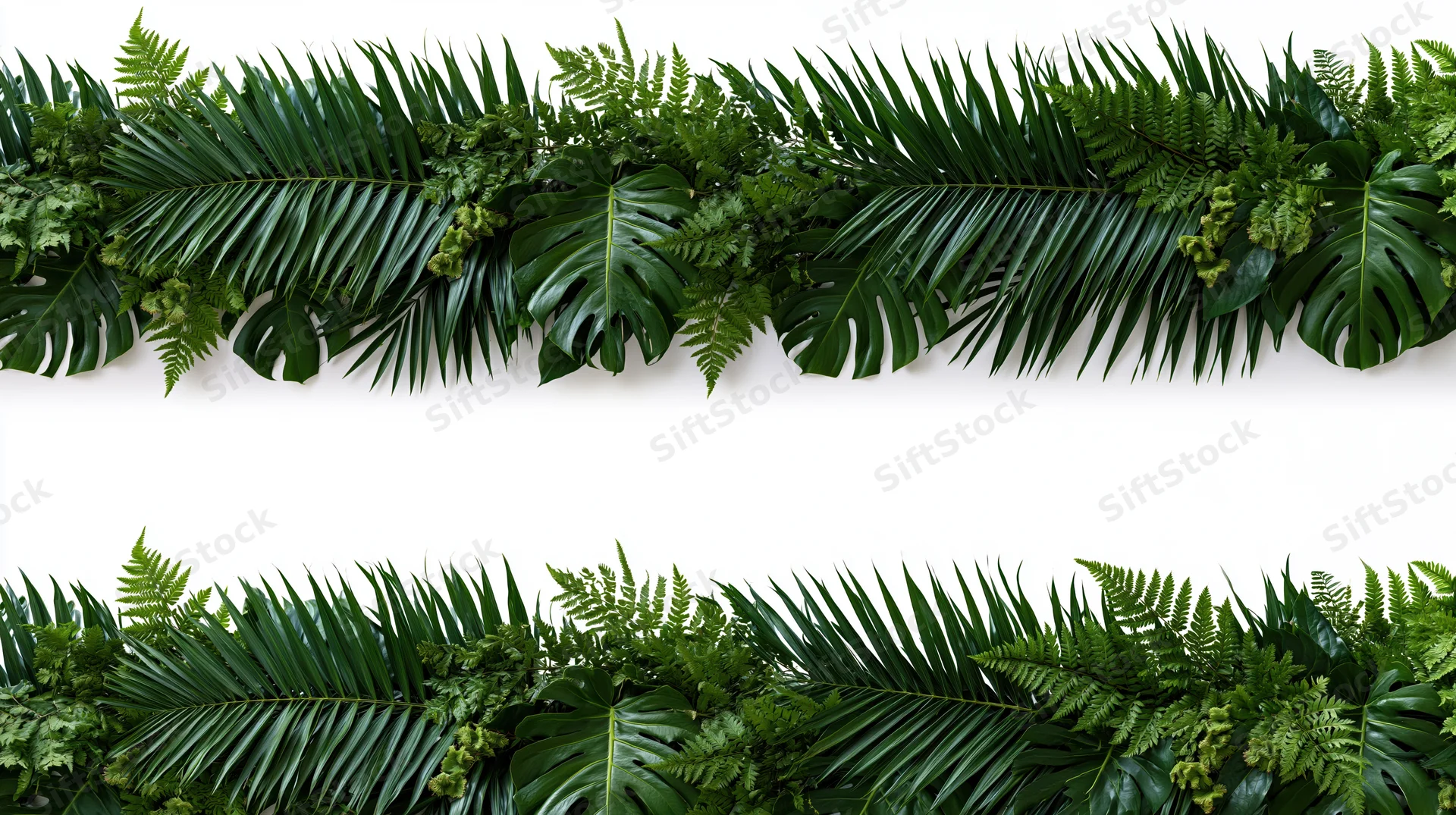 Two horizontal bands of dense tropical foliage with palm fronds and monstera leaves forming a border against white background
