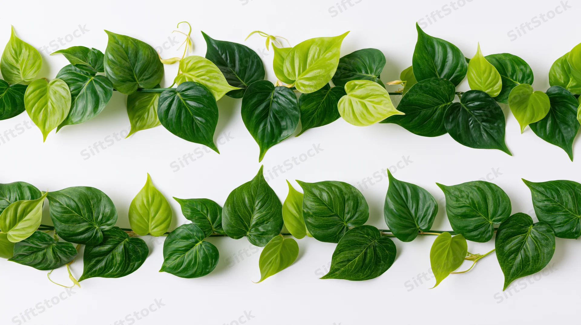 Two horizontal garlands of green ivy leaves arranged on white background