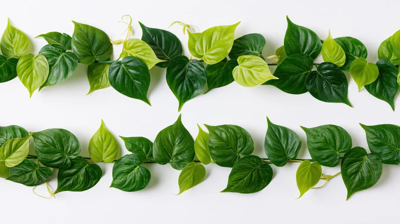 Two horizontal garlands of green ivy leaves arranged on white background