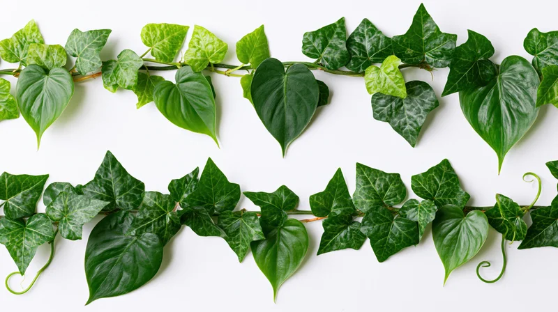 Two horizontal garlands of green ivy and heart-shaped leaves arranged on white background
