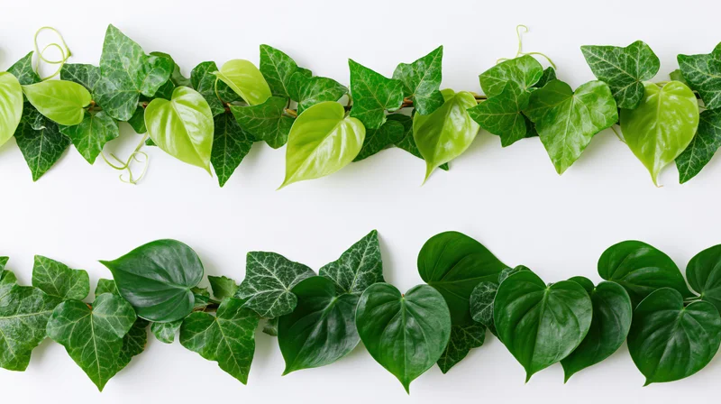 Two horizontal garlands of ivy and heart-shaped leaves arranged on white background