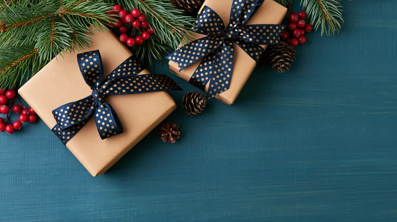 Two kraft paper gift boxes with navy gold polka-dot ribbons and pine branches on blue wooden surface