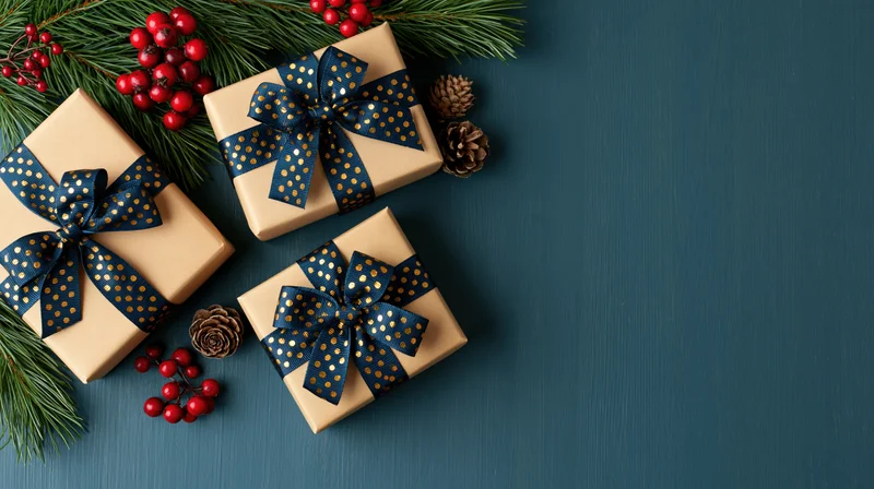 Three kraft paper gift boxes with navy and gold polka-dot ribbons arranged with pine branches and red berries on a blue wooden surface