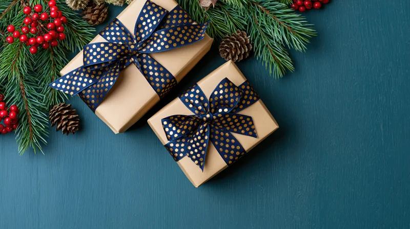 Two kraft paper gift boxes with navy and gold polka-dot ribbons on a blue surface surrounded by pine branches and red berries