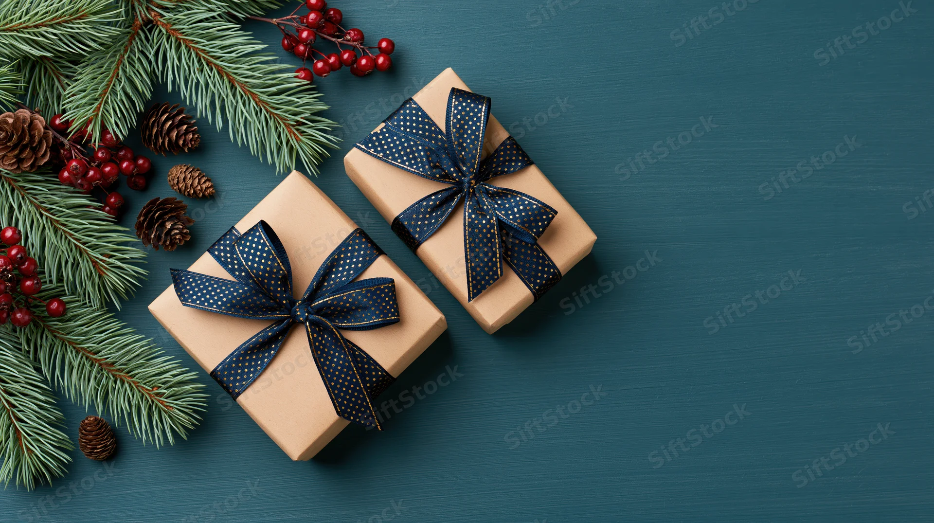 Two kraft paper gift boxes with navy polka-dot ribbons and pine branches on a teal surface