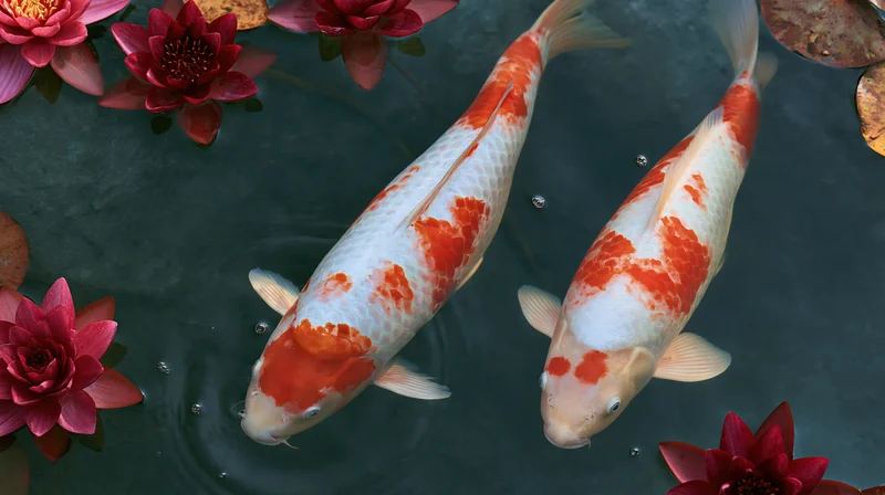 Two red and white koi fish swimming near the surface of a pond with pink lotus flowers floating around