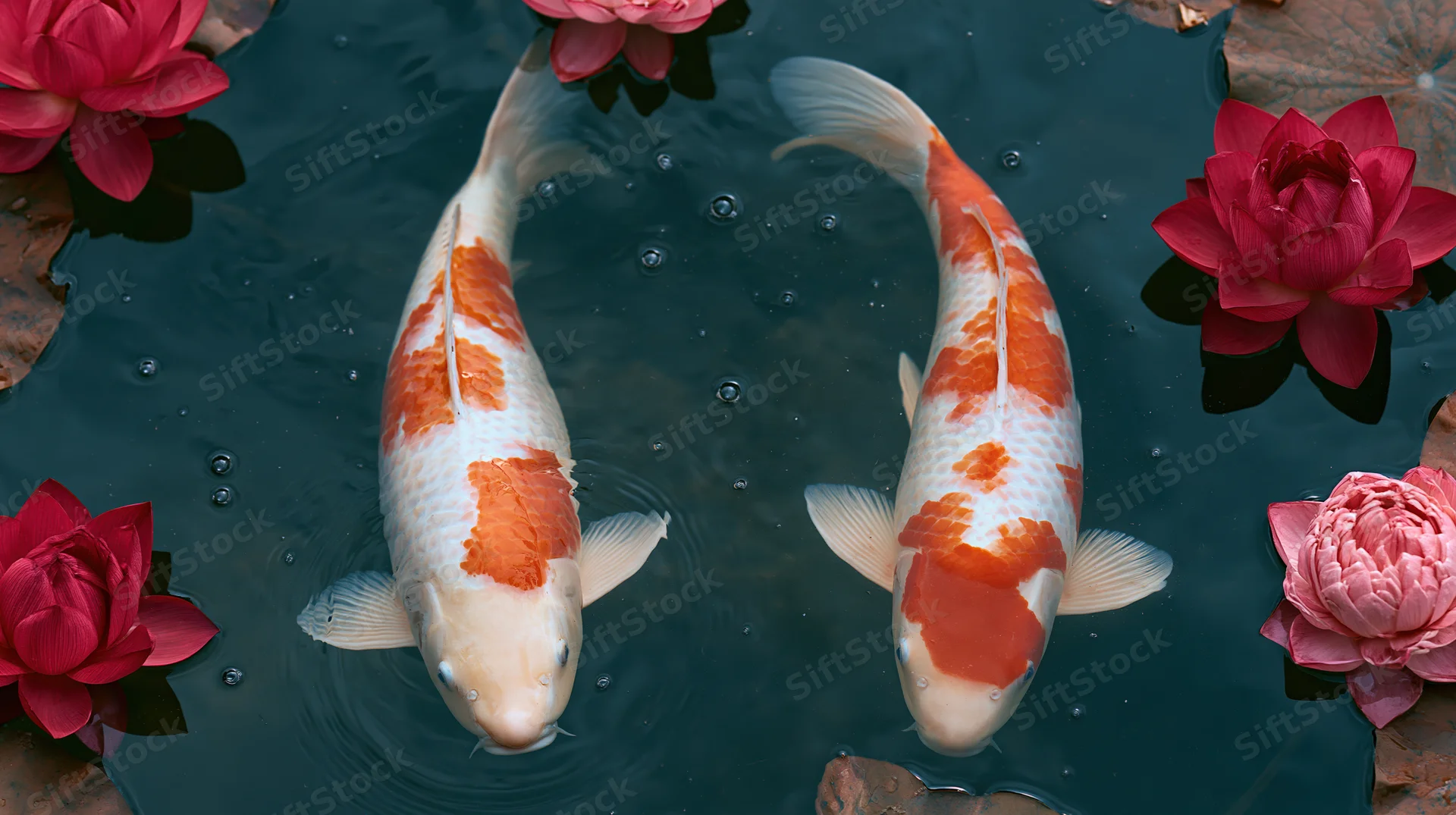 Two red and white koi fish swimming near the surface of a pond surrounded by blooming lotus flowers