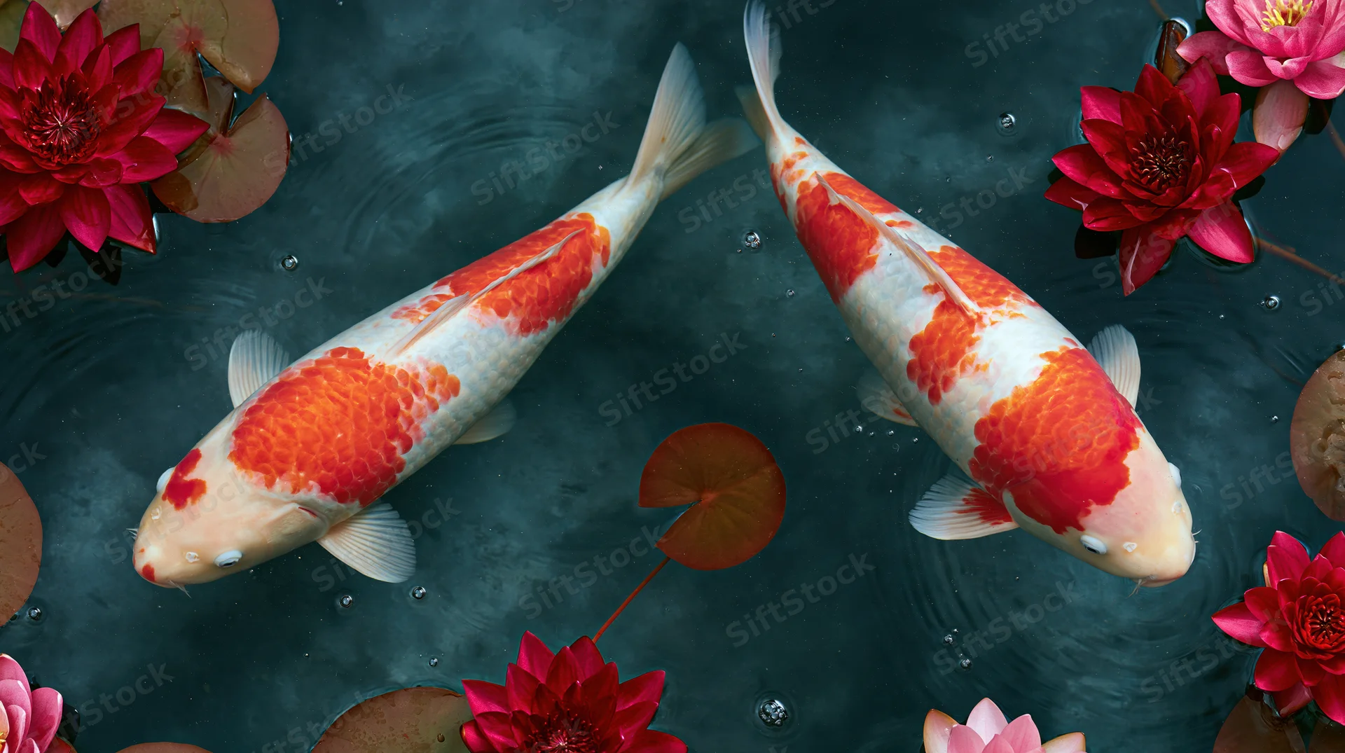 Two red and white koi fish swimming near the surface of a dark pond surrounded by pink lotus flowers and lily pads