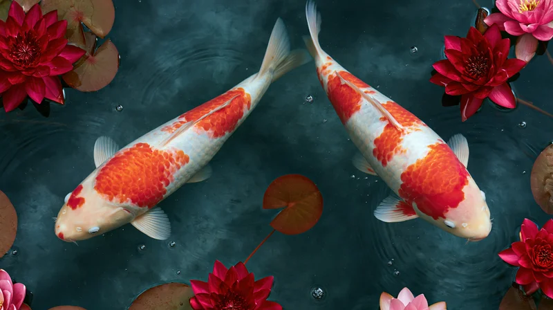Two red and white koi fish swimming near the surface of a dark pond surrounded by pink lotus flowers and lily pads