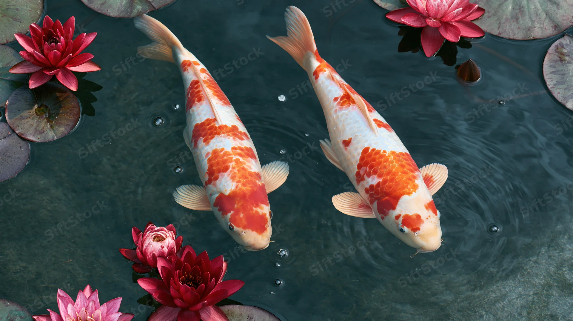 Two large red and white koi fish swimming near the surface of a pond with floating lotus flowers and lily pads
