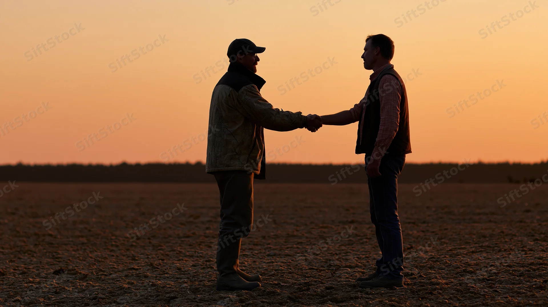 Two men shaking hands in silhouette on a plowed field at sunset