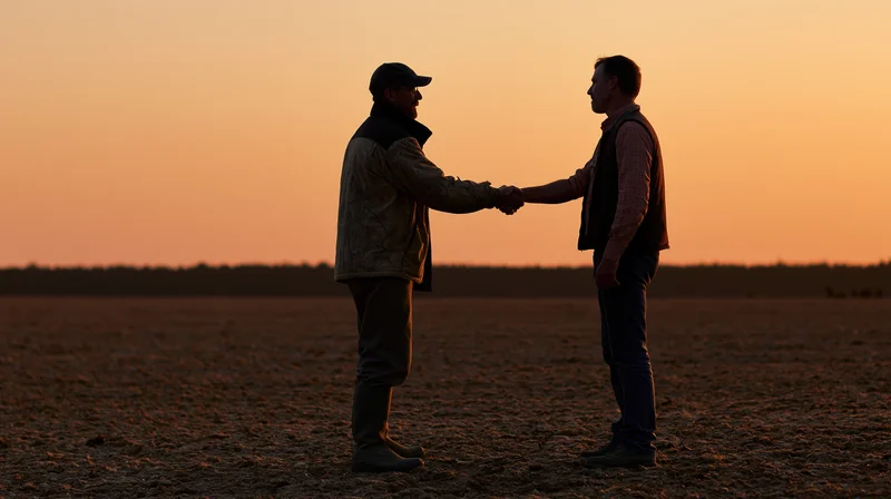 Two men shaking hands in silhouette on a plowed field at sunset