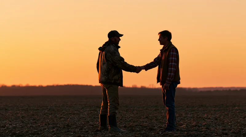 Two men shaking hands in a plowed field at sunset
