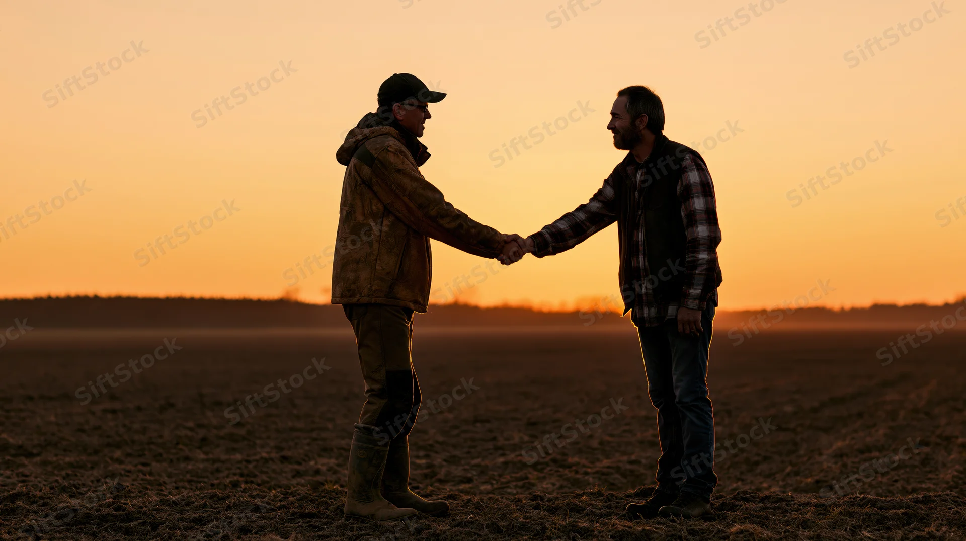 Two men shaking hands in a plowed field at sunset