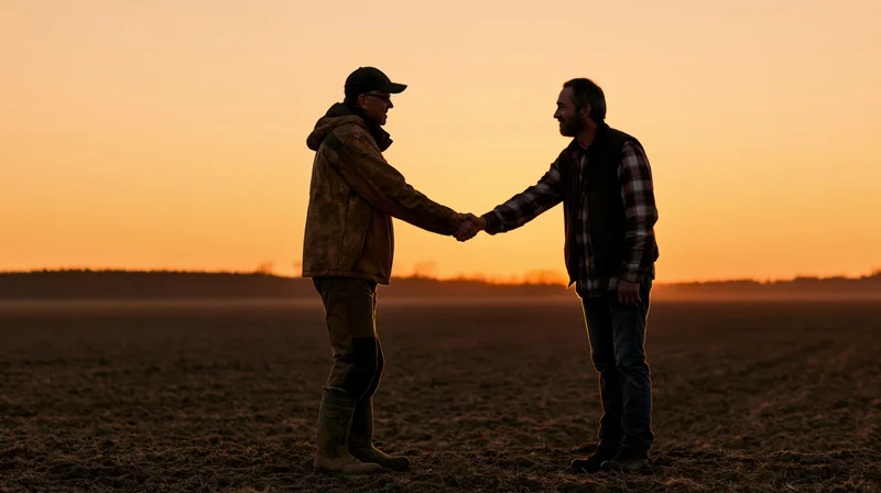 Two men shaking hands in a plowed field at sunset