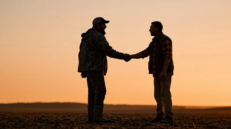 Two men shaking hands in silhouette on a plowed field at sunset