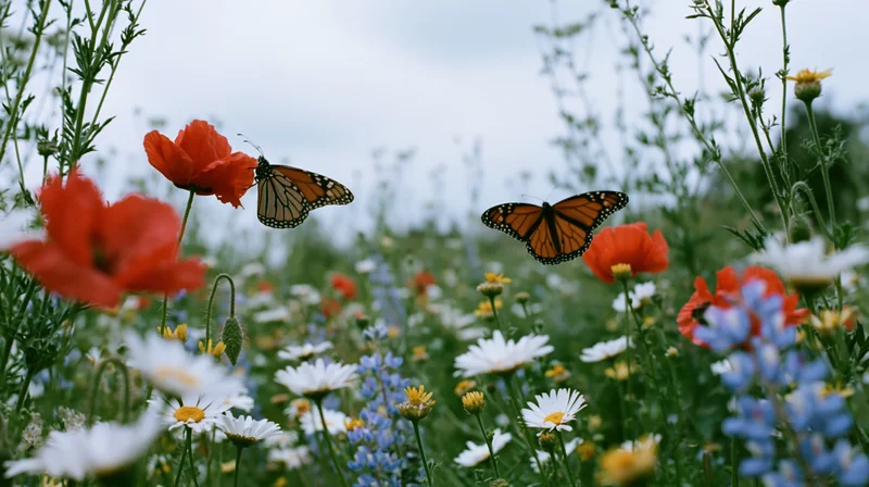 Two monarch butterflies hovering among wildflowers in a meadow
