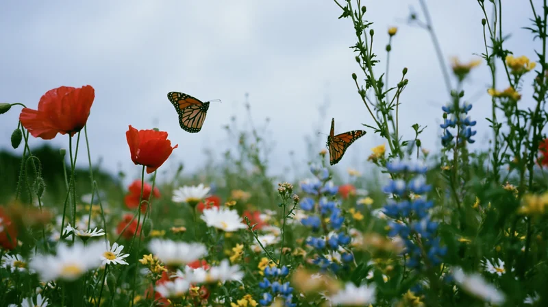 Two monarch butterflies hovering among colorful wildflowers in a meadow