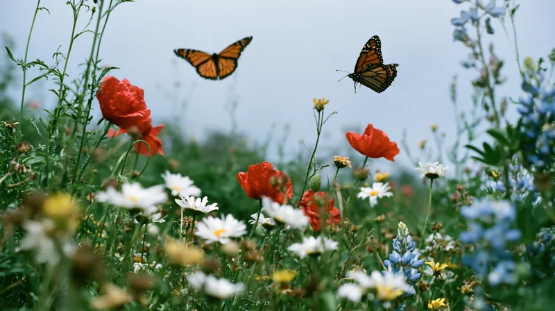 Two monarch butterflies hovering among dense wildflowers in a meadow