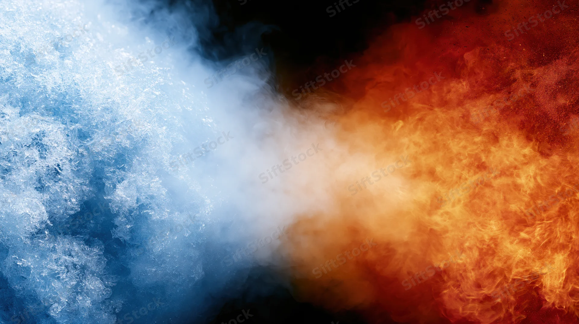Blue icy smoke and orange fiery smoke colliding in the center against a dark background