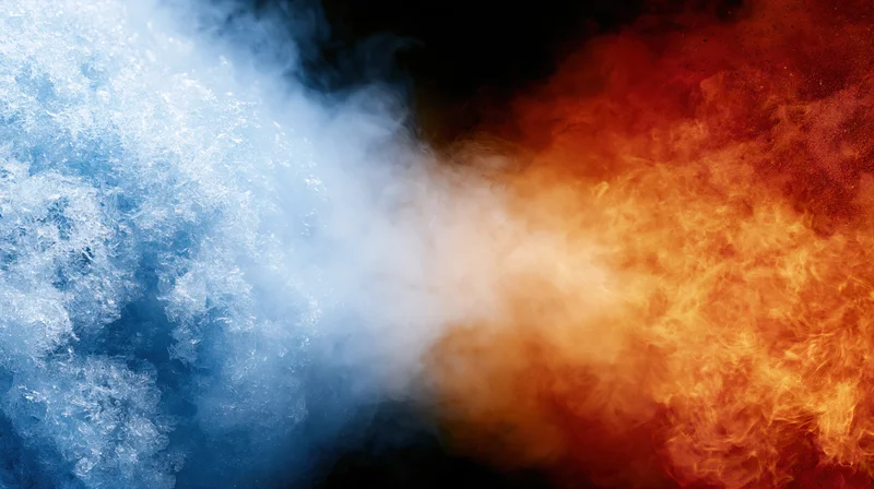 Blue icy smoke and orange fiery smoke colliding in the center against a dark background