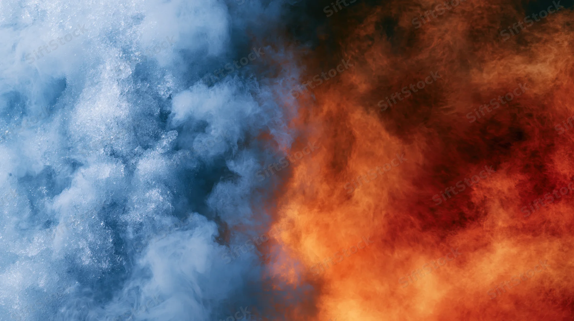Blue smoke and orange fire swirling together at a central boundary