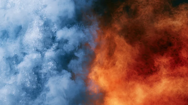 Blue smoke and orange fire swirling together at a central boundary