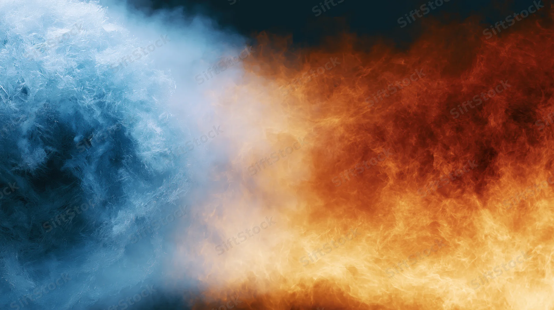 Blue smoke and orange fire swirling in opposition against a dark background