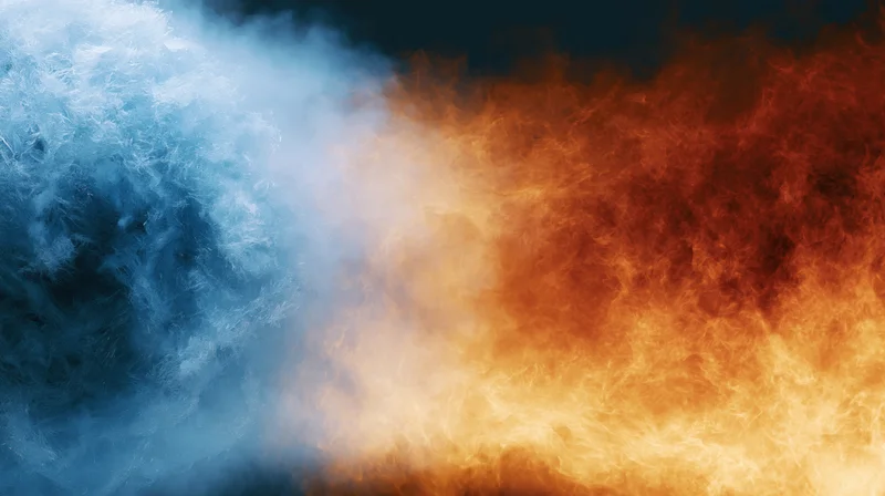 Blue smoke and orange fire swirling in opposition against a dark background