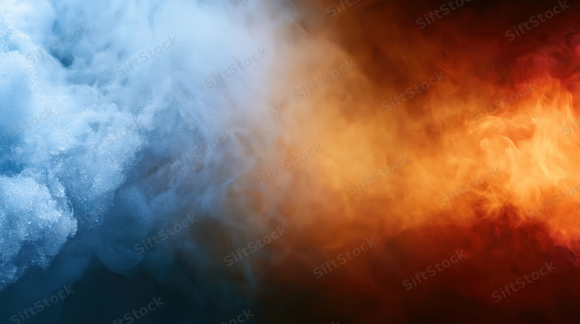 Blue and orange smoke swirling in opposition against a dark background