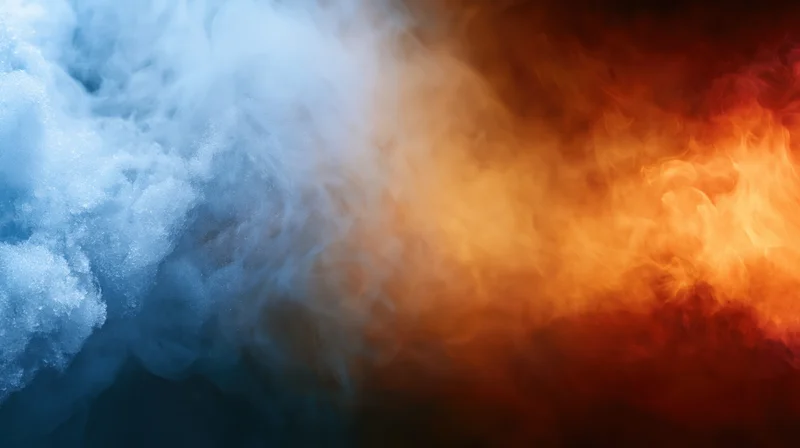 Blue and orange smoke swirling in opposition against a dark background