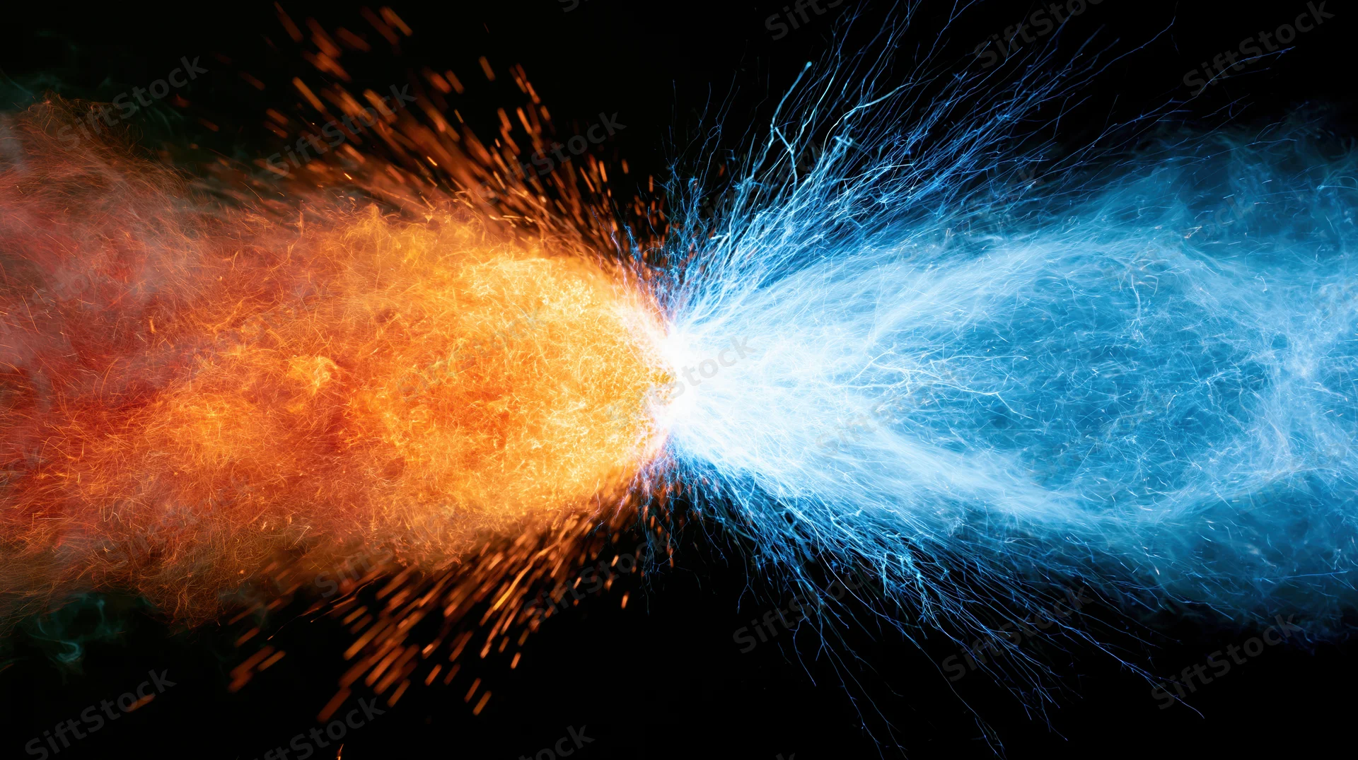 Orange and blue energy bursts colliding at center against black background