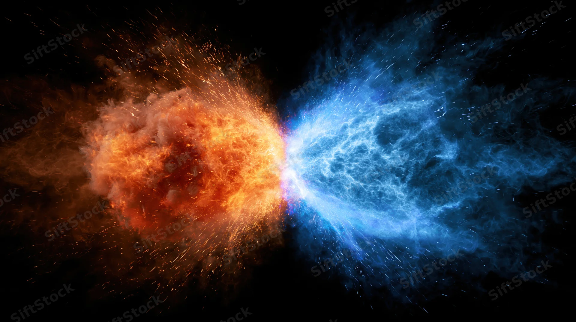 Two opposing energy bursts colliding at center point in space